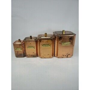 Copper Canister Set Square Vintage Made in Korea Lids Tea Sugar Flour Coffee